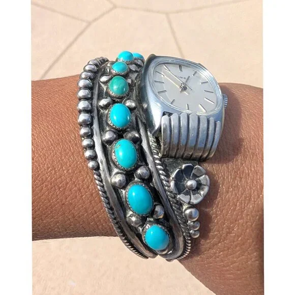 Navajo Sterling Silver & Turquoise Watch Bracelet E. Anderson Non Working 49.5g - Picture 8 of 12